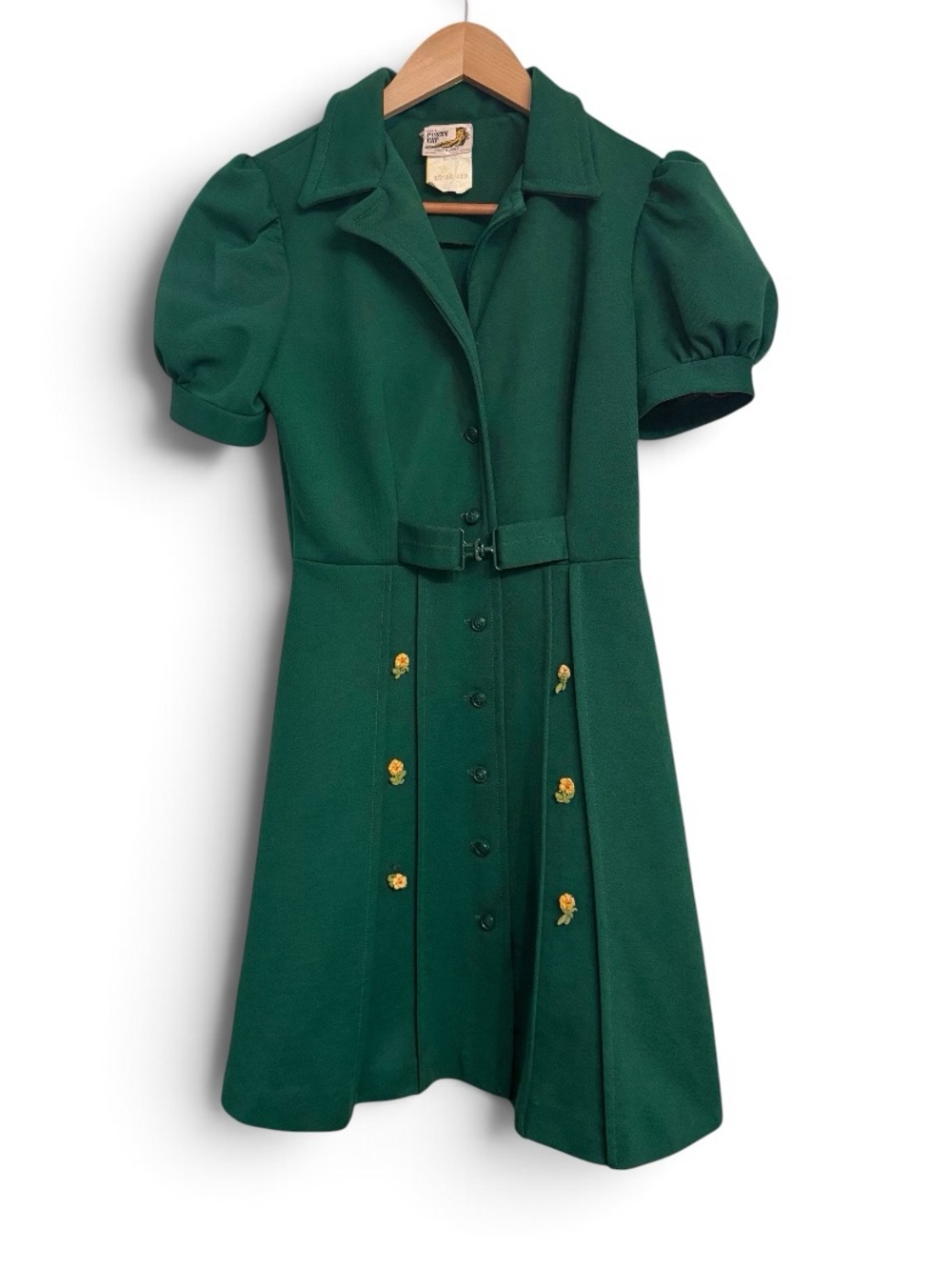 Vintage 1970s Carla Jane Cat Emerald Green Mini Dress Puff Sleeve Belted S
